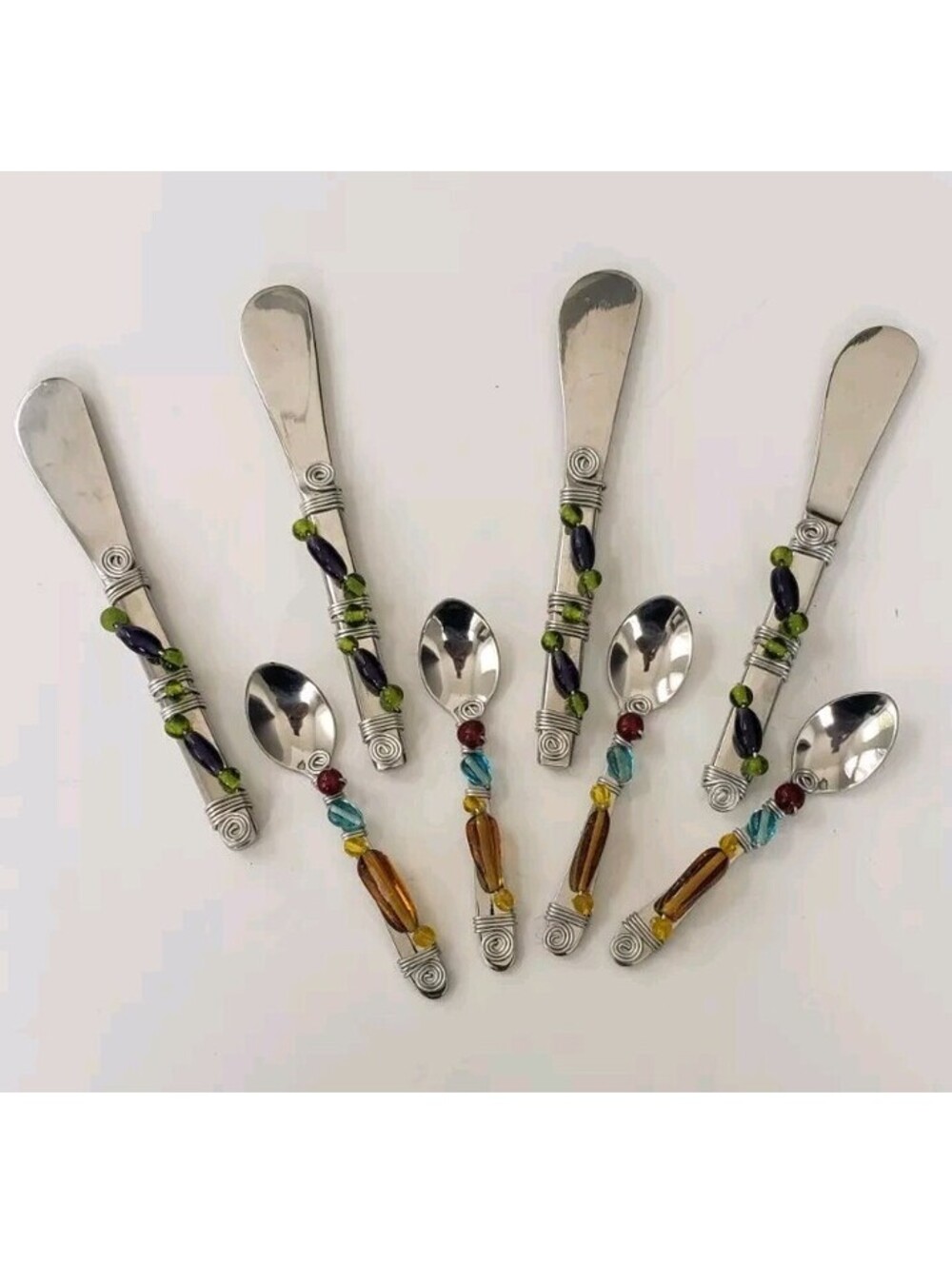 Cheese Spreaders Jeweled Stainless Steel Mini Spoons Beaded Wire Art Charcuterie